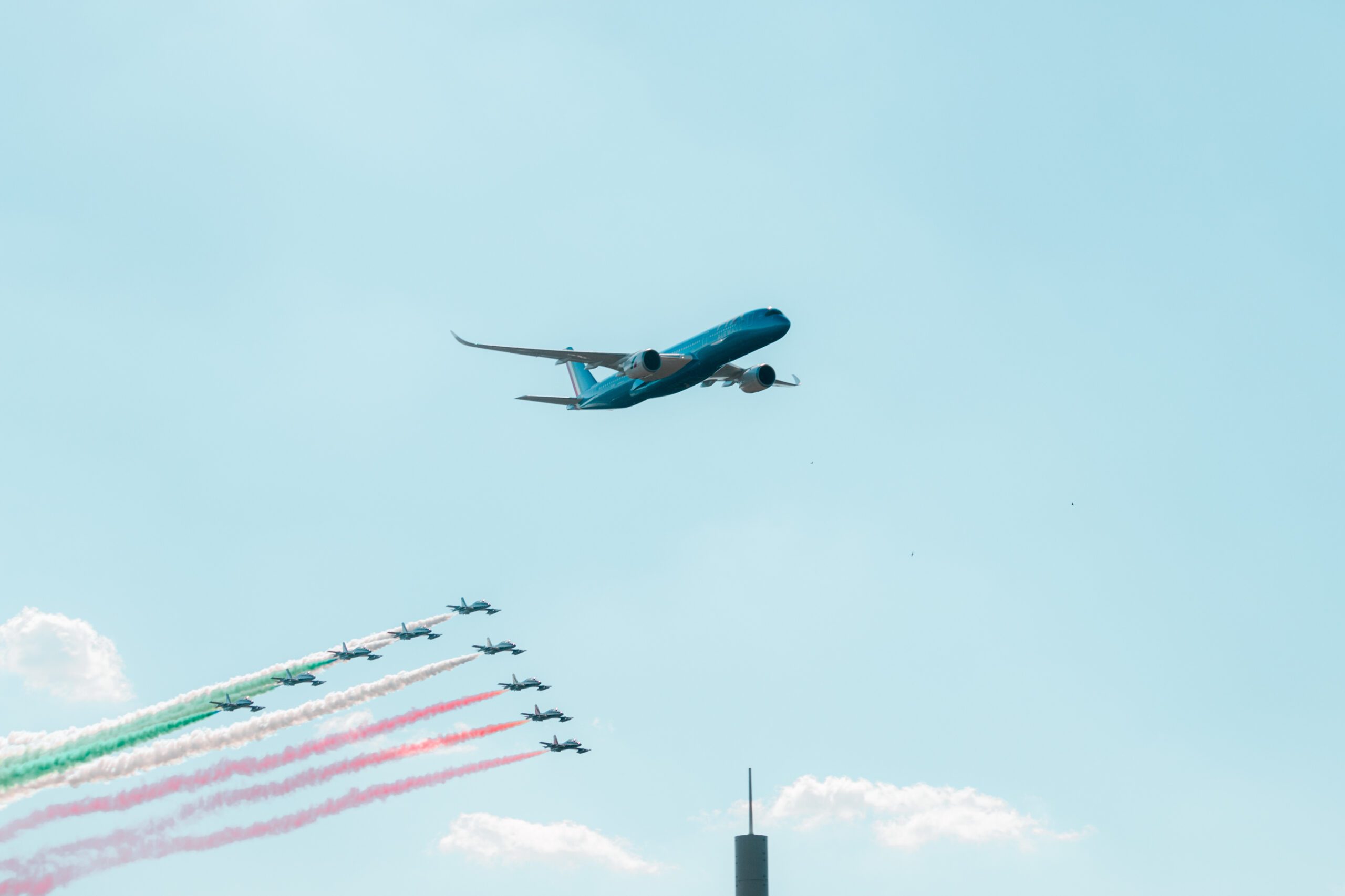 Fighter Jets flying over F1 track creating an Italian flag in the sky