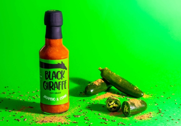 Black Giraffe hot sauce, product photography