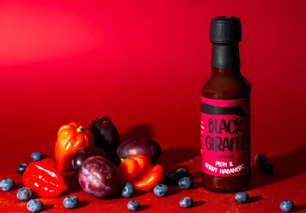 Black Giraffe hot sauce, product photography
