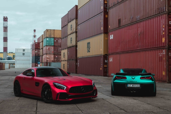 Supercars on a container depot